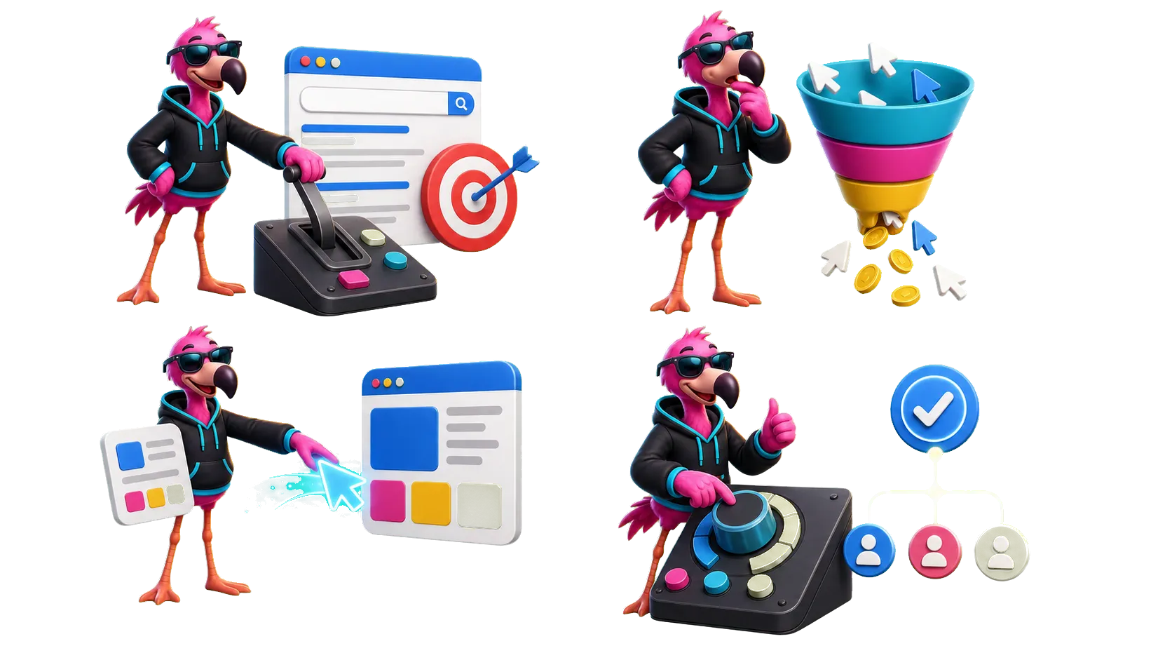 Scout, WebInk's flamingo mascot, adjusting a paid-search decision control