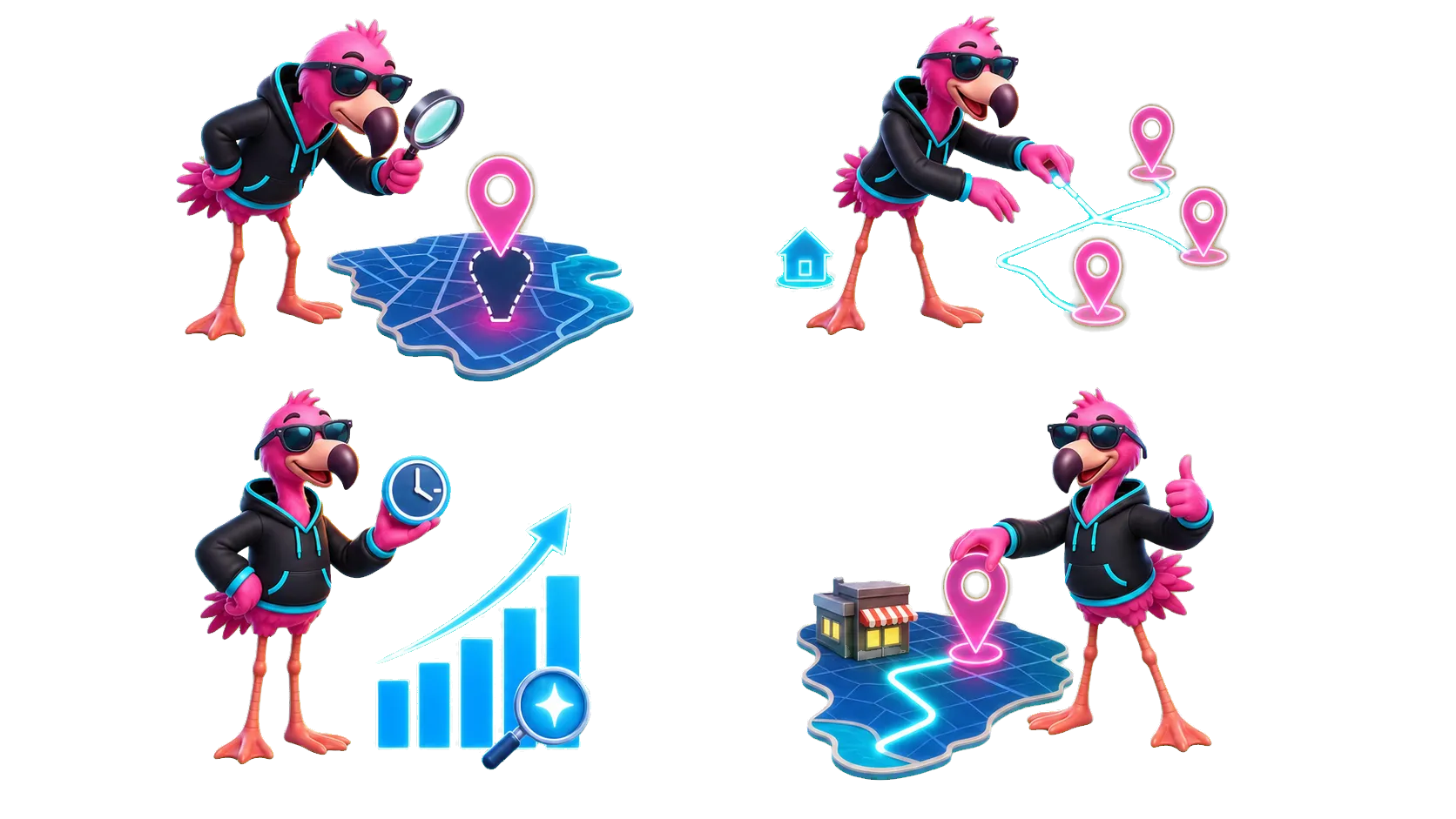 Scout, WebInk's flamingo mascot, connecting local search points across a service area