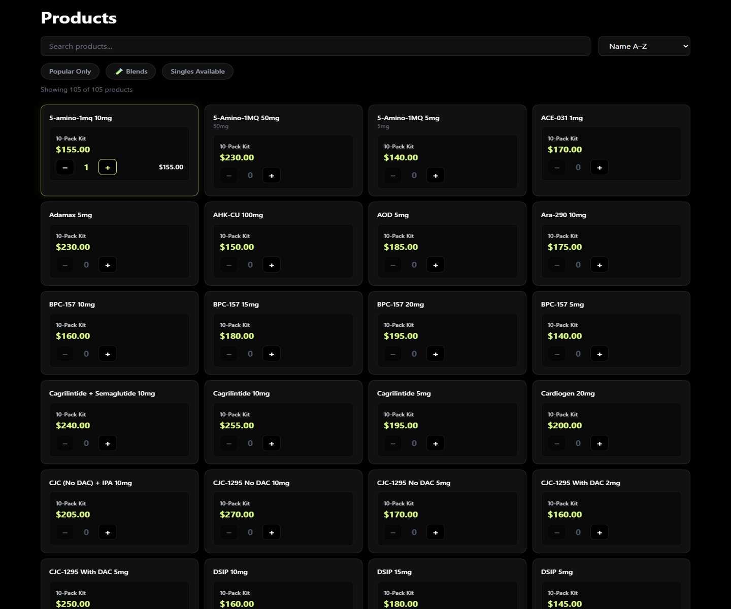 Sarasota Peptides custom product catalog and commerce interface