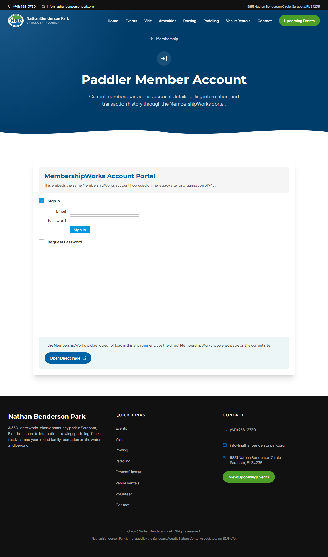 Nathan Benderson Park member account interface