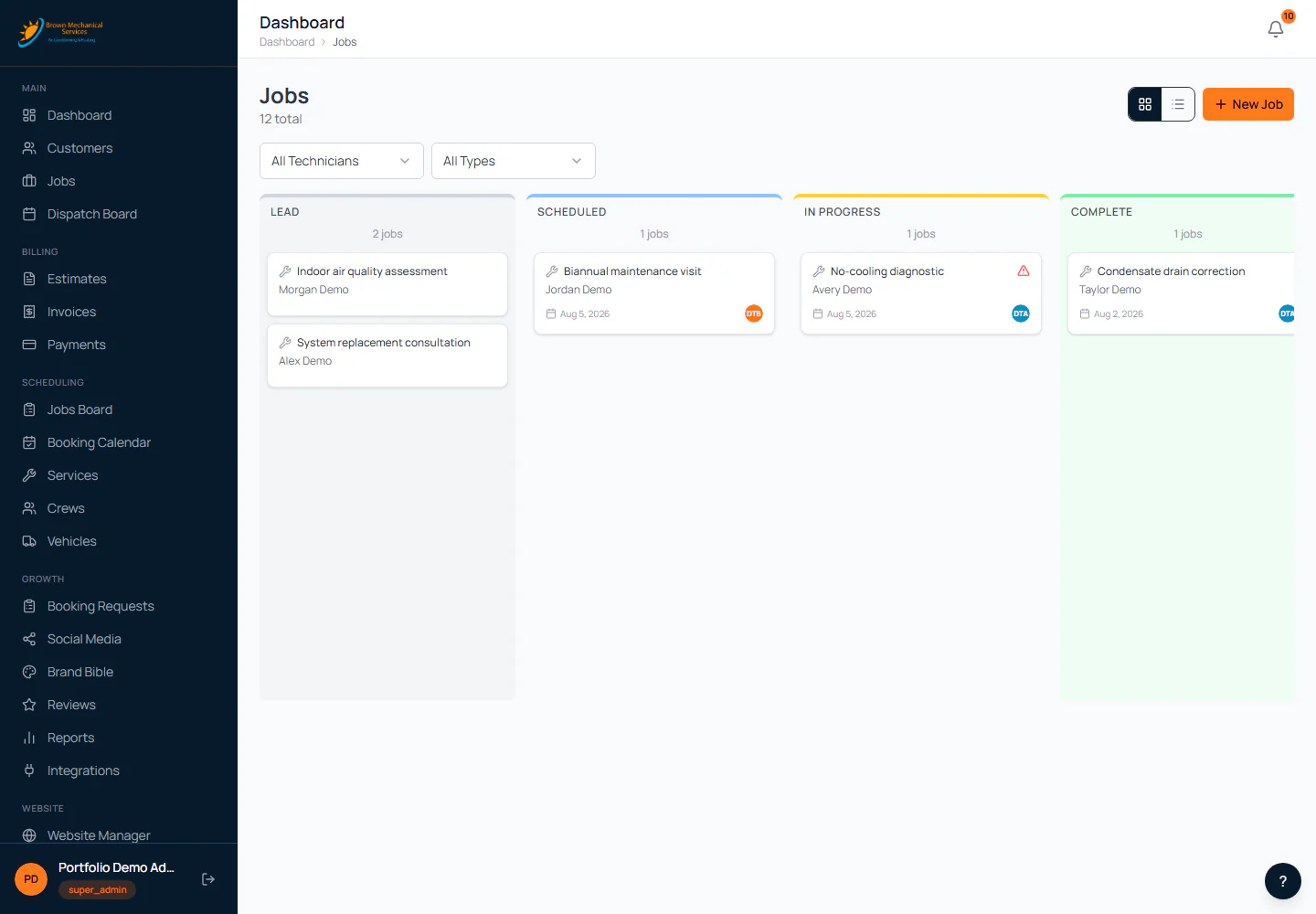 VoltDesk field-service work pipeline with fictional jobs organized by stage
