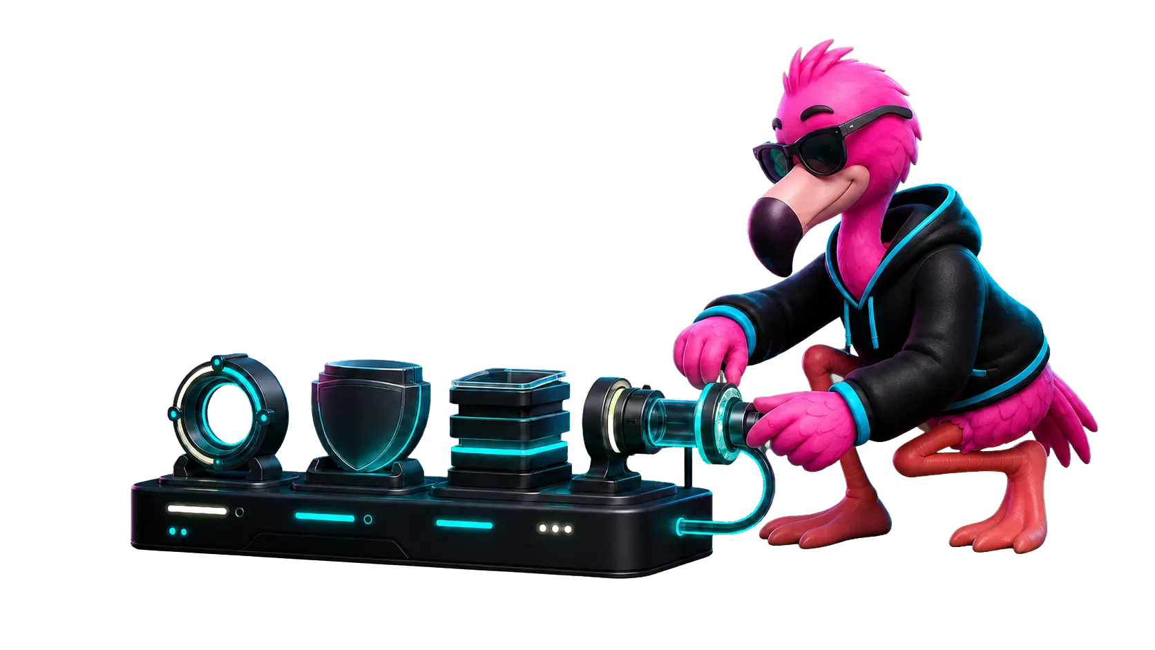 Scout, WebInk's flamingo mascot, maintaining a website care system