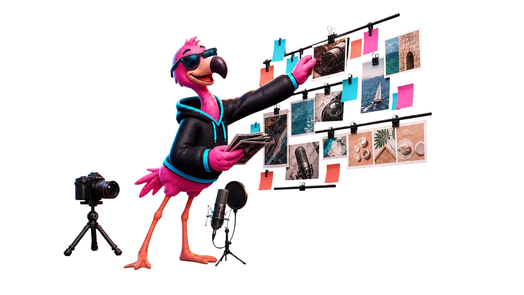Scout, WebInk's flamingo mascot, arranging a content studio wall
