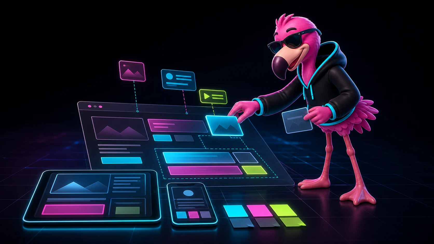 Scout, WebInk's flamingo mascot, arranging responsive website sections in a digital design studio