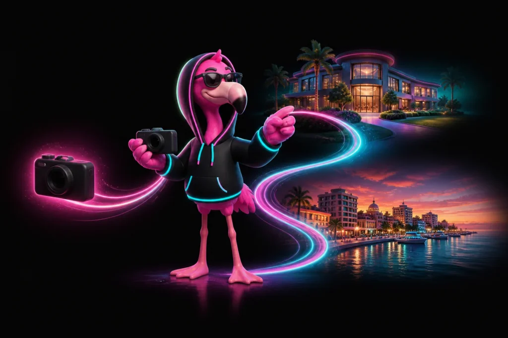 Neon-pink flamingo in a cyan-trim hoodie points toward a glowing Sarasota waterfront while holding a camera.