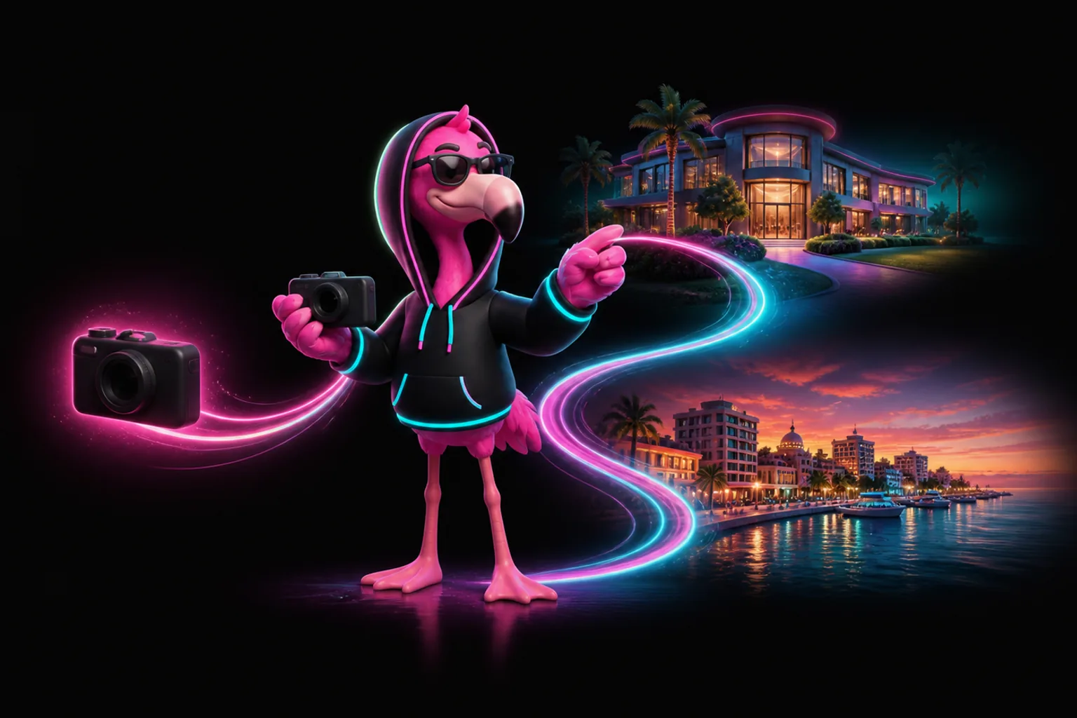 Neon-pink flamingo in a cyan-trim hoodie points toward a glowing Sarasota waterfront while holding a camera.